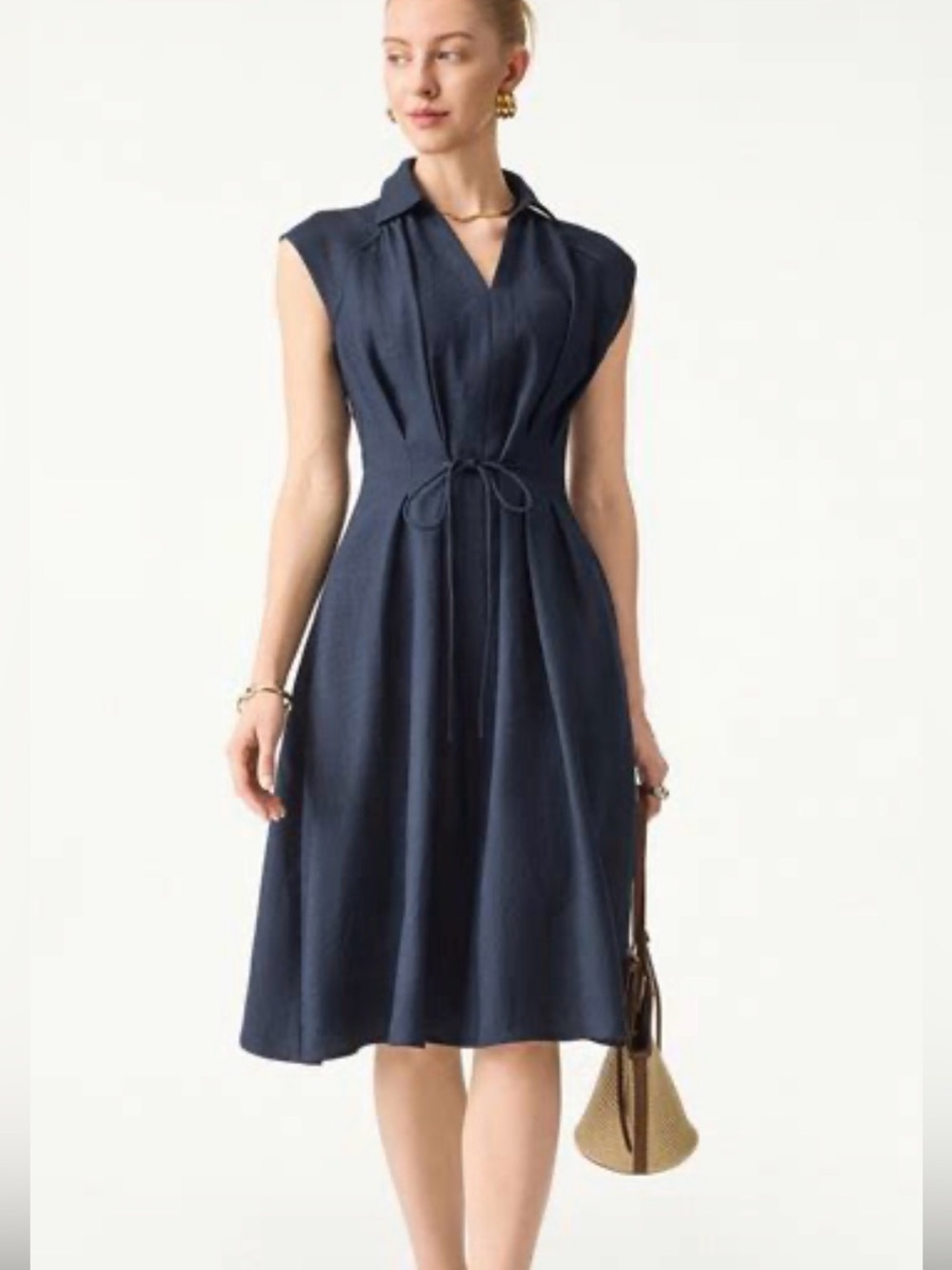 OGL - Viscose-Linen Collared V-neck Midi Dress with Drawstring